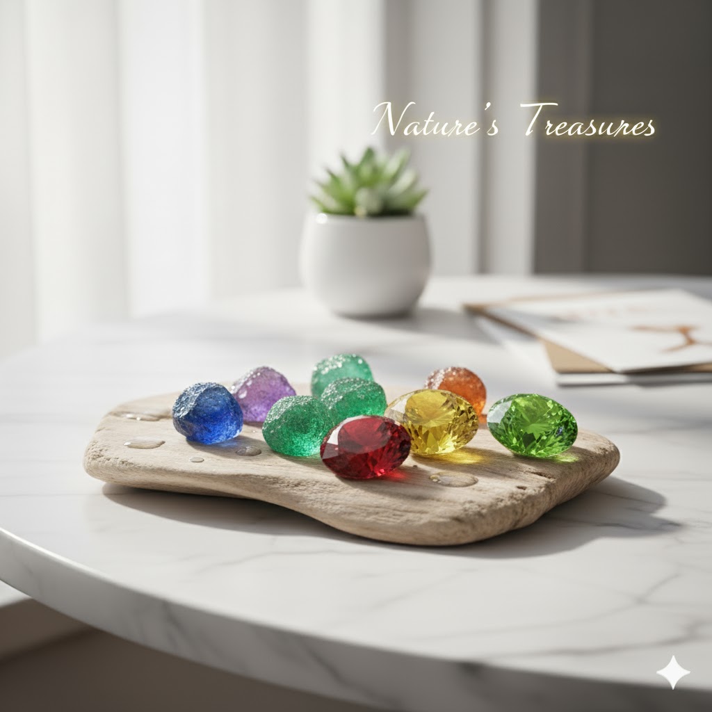 Colorful gems on wooden platter